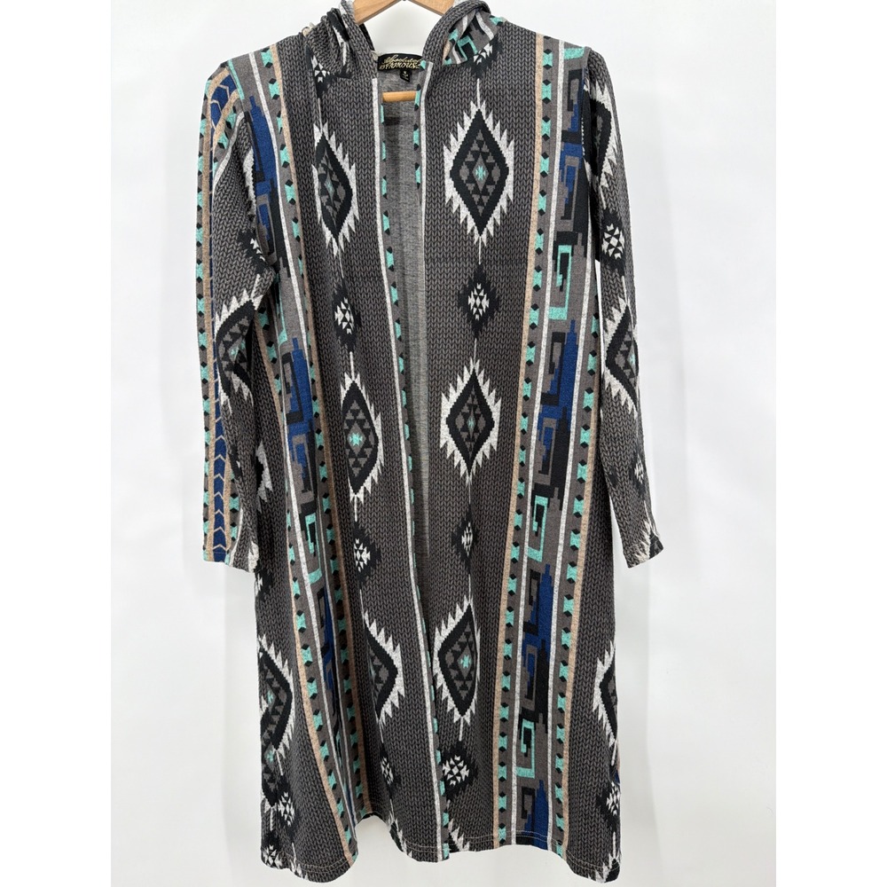 Absolutely Famous Womens M Southwestern Hooded Cardigan Duster Grey‎ Blue Aztec